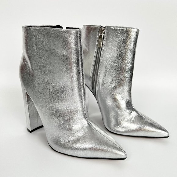 L'INTERVALLE Shoes - L'Intervalle Leather Disco Boots Silver Metallic Mirror High Chunky Heel Booties